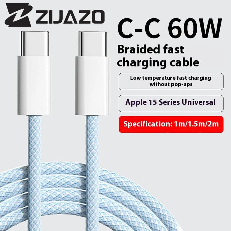 ZIJAZO USB-C إلى النوع C كابل ملون لابل آيفون 15 PD 60 واط شحن سريع لهواوي Xiaomi سامسونج نوع C النسيج كابل