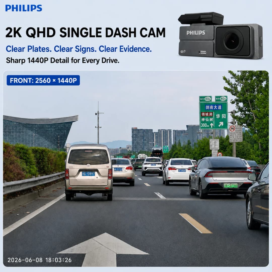 كاميرا سيارة مصغرة PHILIPS Dash Cam F04 بدقة 2K بشاشة 1.47 بوصة IPS تحكم عبر تطبيق واي فاي رؤية ليلية مراقبة الوقوف 24 ساعة - 2