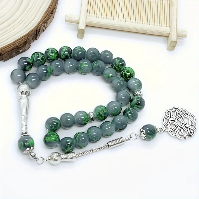 10mm33 أذن واحدة من الزجاج الأخضر نمط حبات المسبحة الإسلامية الصلاة اليومية العربية TASBIH ، أساور الصلاة العصرية للرجال والنساء - 4