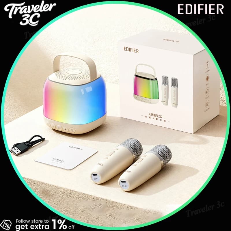 سماعة إديفاير KTV Q2 بلوتوث مع ميكروفون مخصصة للغناء المنزلي والتخييم 2200MAH إضاءة RGB كمبيوتر