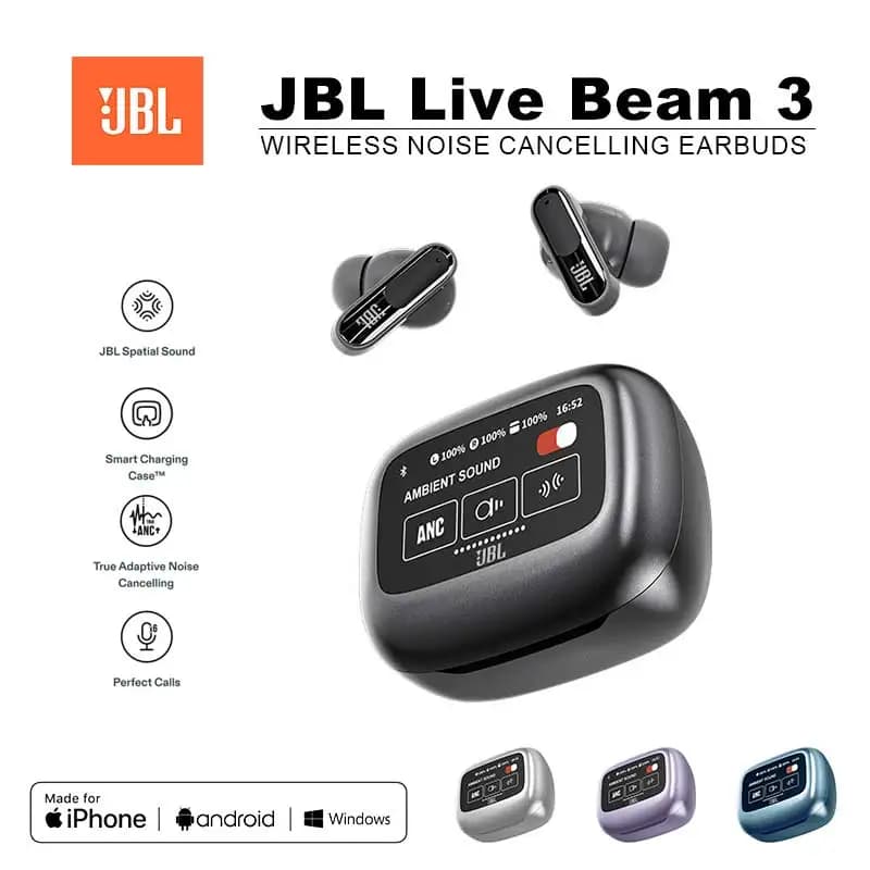 سماعات JBL Live Beam 3 الأصلية بلوتوث لاسلكية حقيقية مع صندوق عرض ذكي LED سماعات رأس عازلة للضوضاء Beam3
