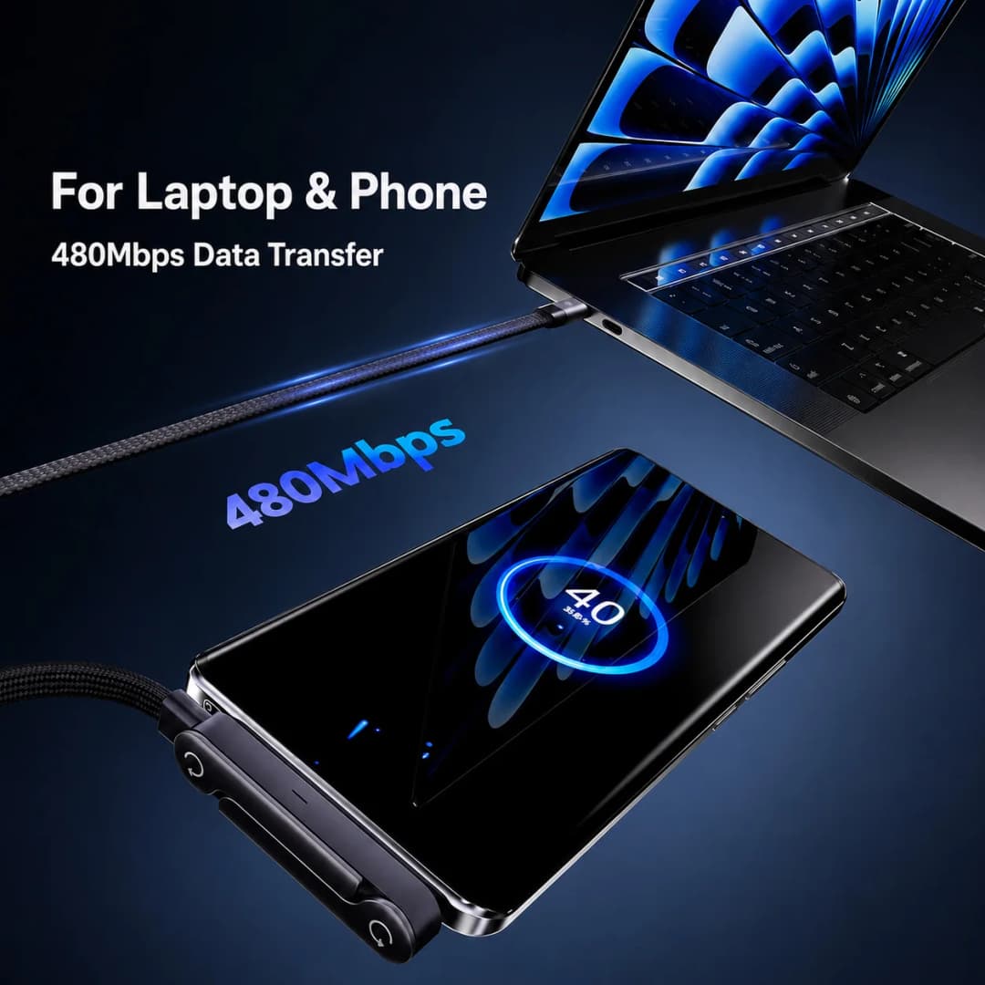 65W USB A to USB C Cable 2 in 1 Fast Charging Data Cable Foldable Phone Stand Holder Nylon Cord for Samsung Xiaomi Huawei Type C - 6