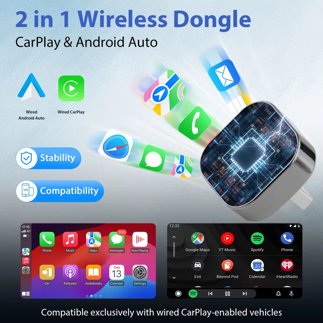 محول صغير جديد 2in1 لاسلكي CarPlay وAndroid Auto، 5GHz WiFi، Type-C/USB، تشغيل فوري، صندوق ذكي لإكسسوارات السيارة - 2