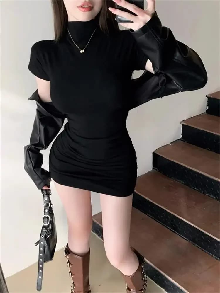 Sexy Tight Half High Collar Pleated Waist Mini Dress Spicy Girls Slim Dresses Bodycon Women Vestidos Cortos Party Mujer Clothing - 2