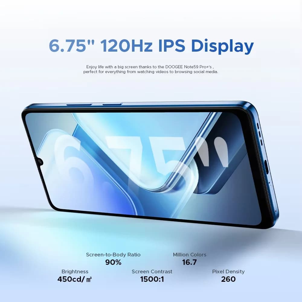 الإصدار العالمي DOOGEE Note59 Pro+ هاتف ذكي 5G بشاشة 6.75 بوصة HD+ بمعدل تحديث 120 هرتز وذاكرة 12 جيجابايت و512 جيجابايت ومعالج UNISOC T8200 وكاميرا 50 ميجابكسل وبطارية 6250 مللي أمبير يعمل بنظام أندرويد 15 - 4