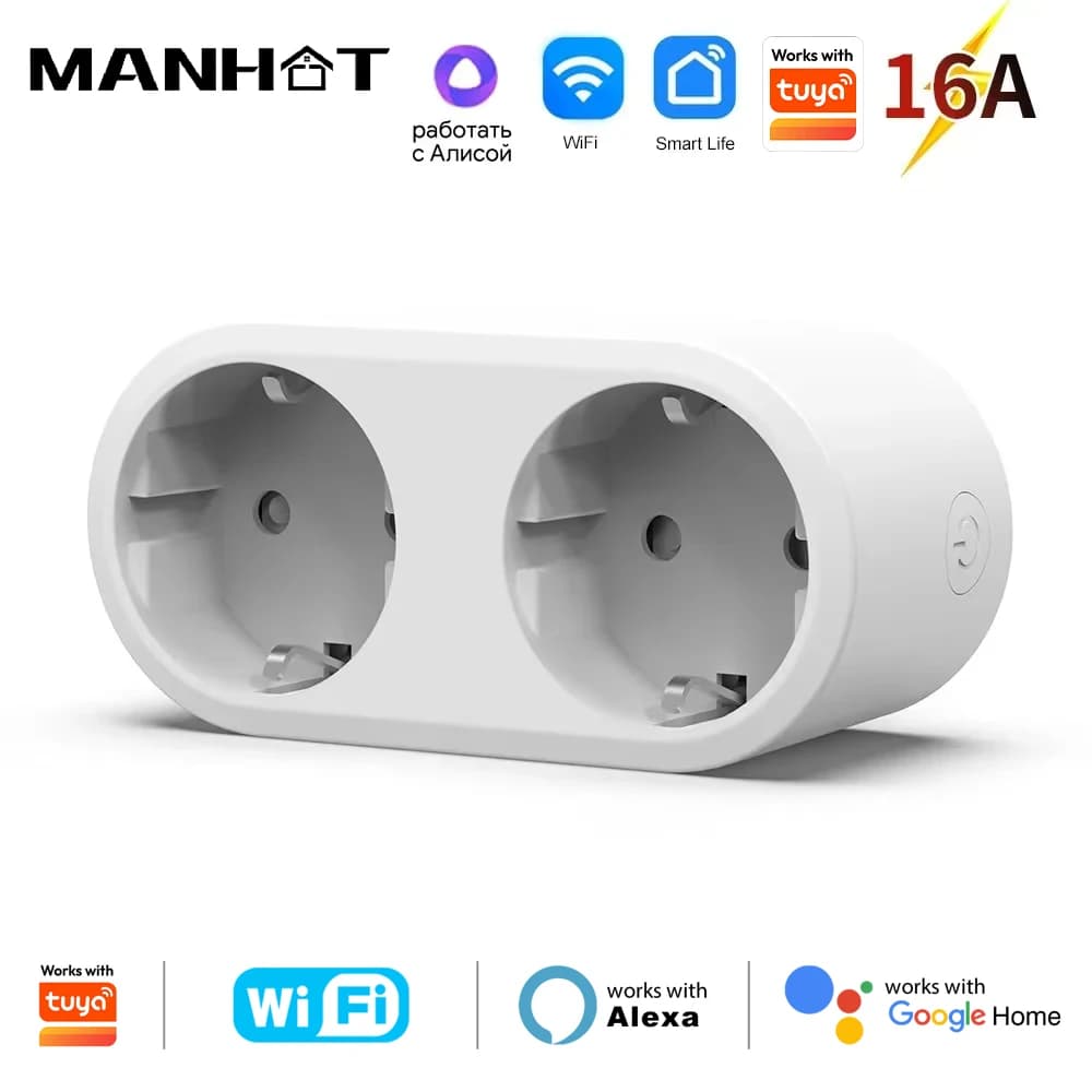 WIFI Smart EU Electrical Dual Plug 2 in 1 Socket European Standard 16A Power Adapter Socket Conversion Adaptor Work With Tuya
