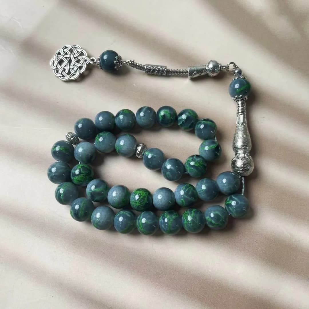 Daily Wear Green Glass Large Flower Bead Bracelet Arab Style Single Stem 33pcs 10mm Chinese Knot Unisex Handmade Bracelet