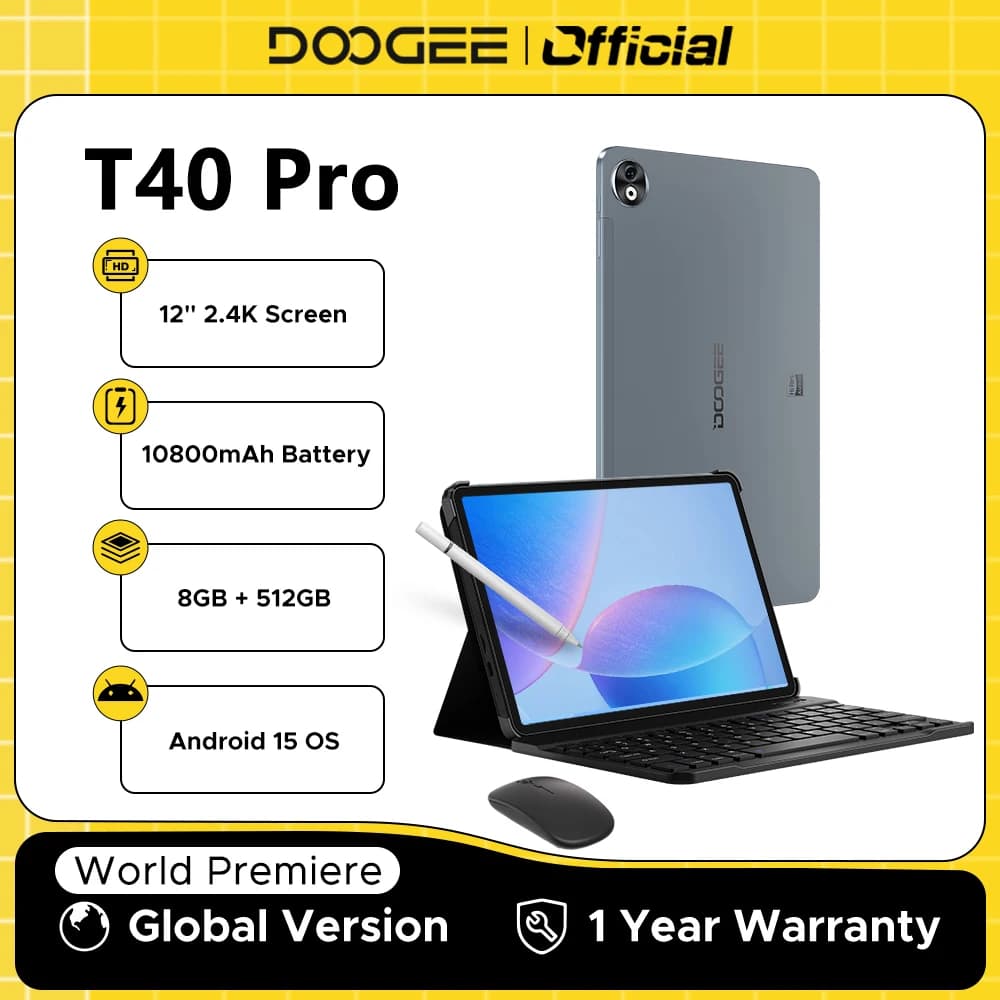 جهاز لوحي DOOGEE T40 Pro بشاشة 12 بوصة بدقة 2.4K، ذاكرة وصول عشوائي 8 جيجابايت، سعة تخزين 512 جيجابايت، معالج Helio G99 ثماني النواة، بطارية 10800 مللي أمبير، مكبرات صوت رباعية، كاميرا 16 ميجابكسل، يدعم شريحتين 4G