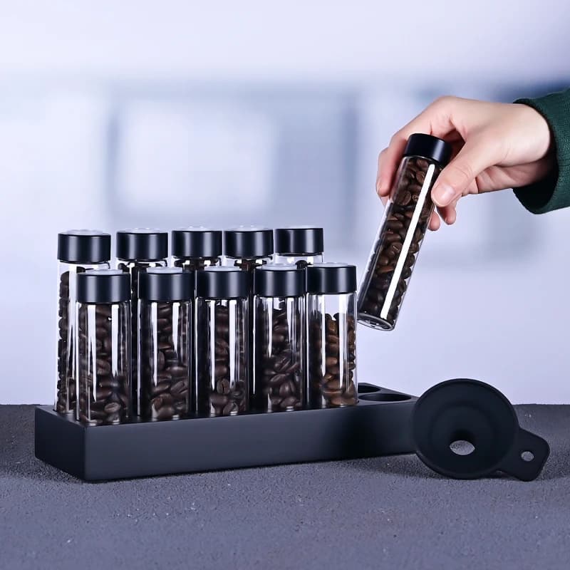 Airtight Sealed Glass 12Tubes Coffee Beans Storage Containers 22g Single Dose Aroma Valve With Coffee Bean Storage Wooden Holder - 3