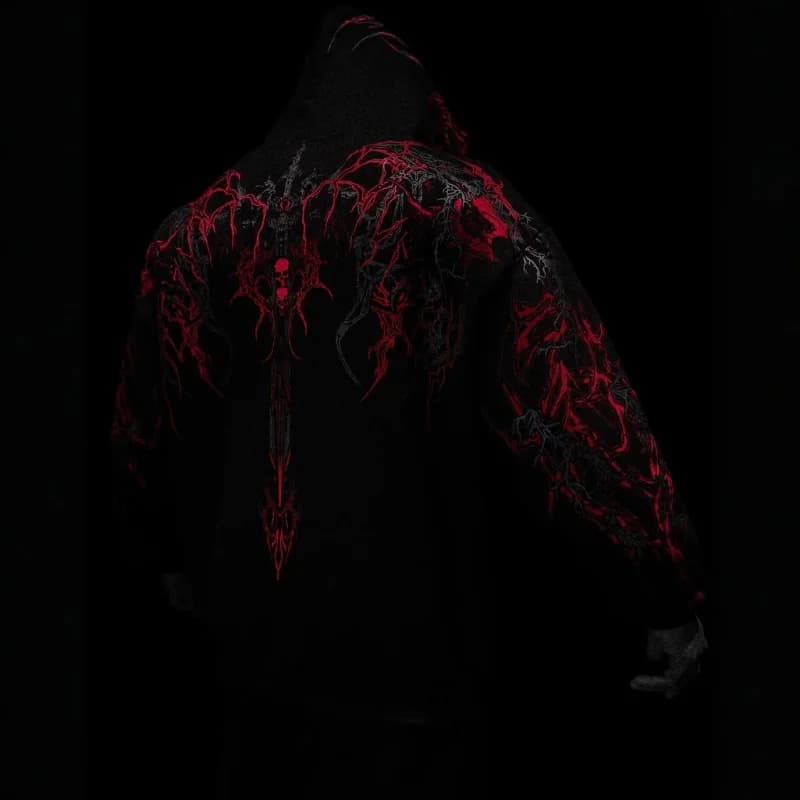 2025New American Style Men's Hooded Sweatshirt Trendy Brand Dark Style Sports Fitness High Street Autumn Winter Men's Sweatshirt - 2