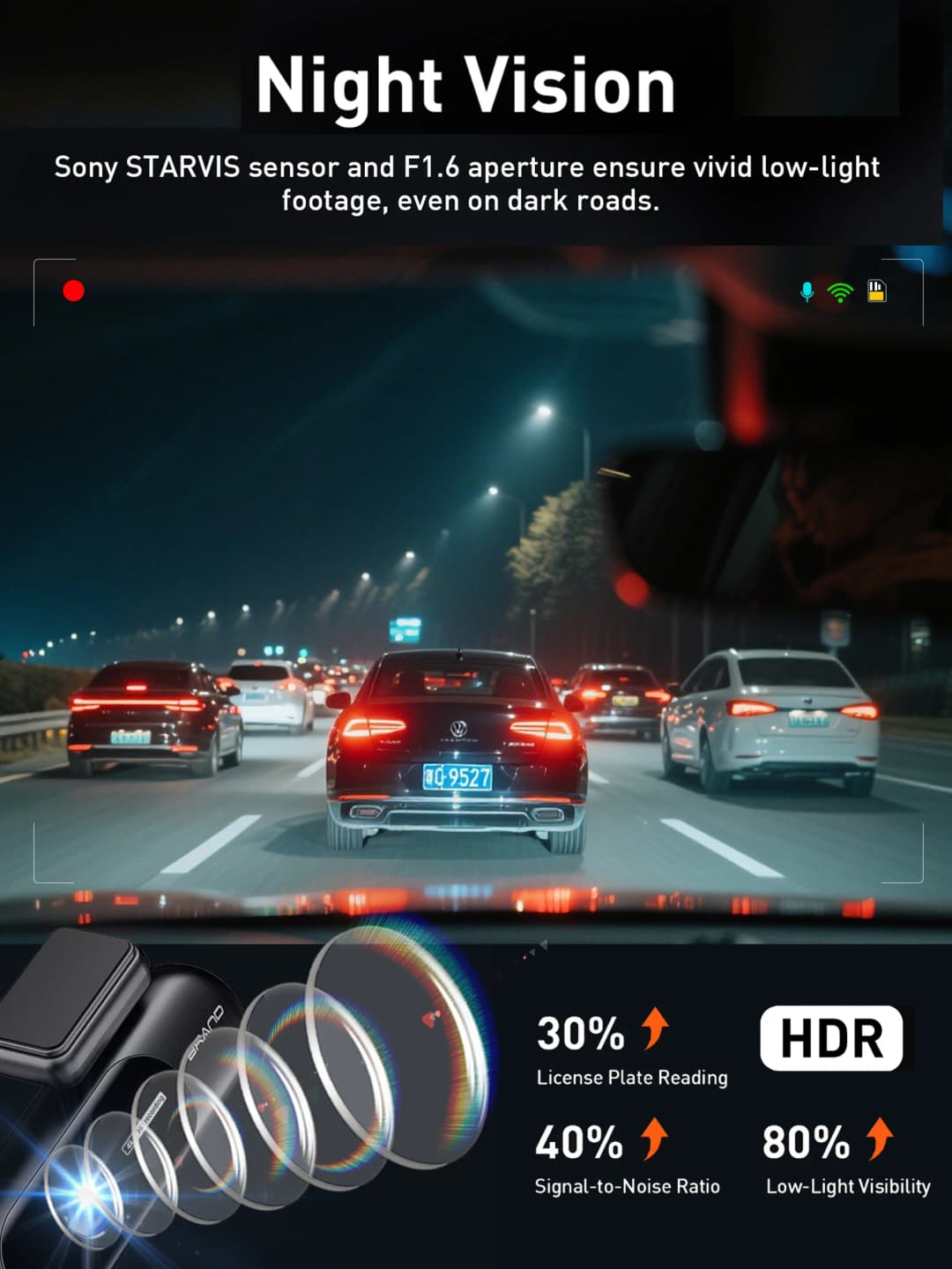 كاميرا داش للسيارة بدقة 4K UHD، تسجيل أمامي وخلفي مع HDR، رؤية ليلية، ووضع وقوف السيارات المدمج مع واي فاي - 3