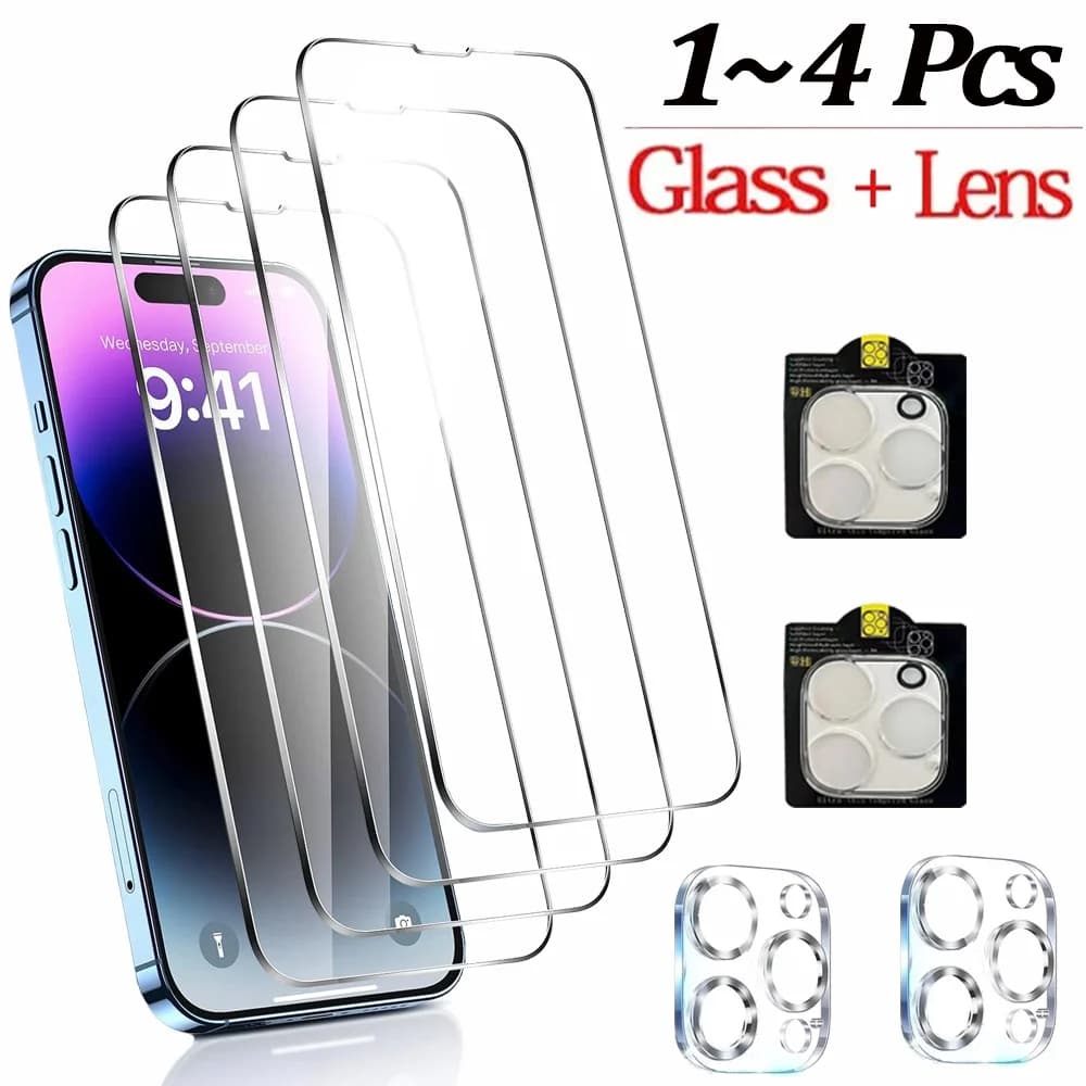 1~4Pcs Screen Protector For iPhone 17 16 15 14 Pro Max Tempered Glass iPhone 11 12 13 Mini Glass For iPhone 17 Pro Camera Film