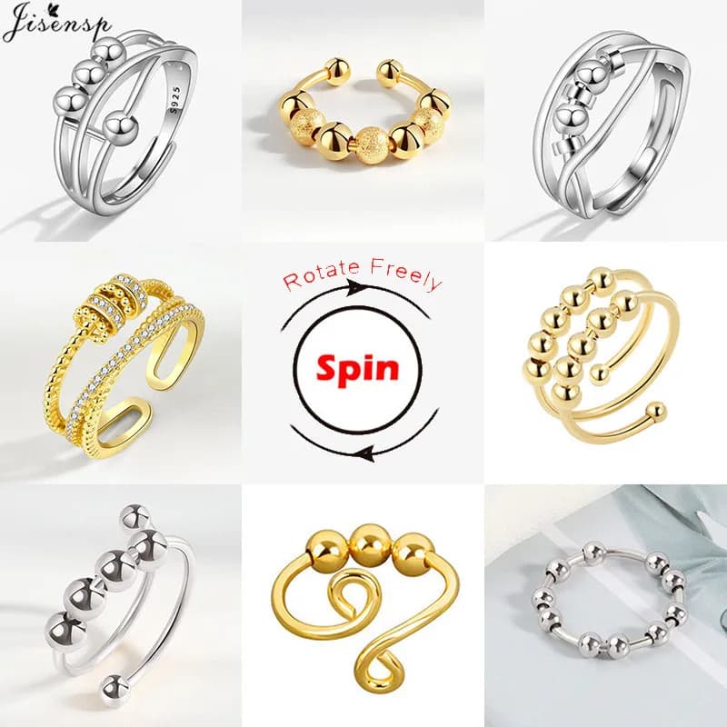 Simple Metal Beads Fidget Rotating Rings for Women Men Rotate Freely Anti Stress Anxiety Ring Spiral Round Ball Rotate Jewlery