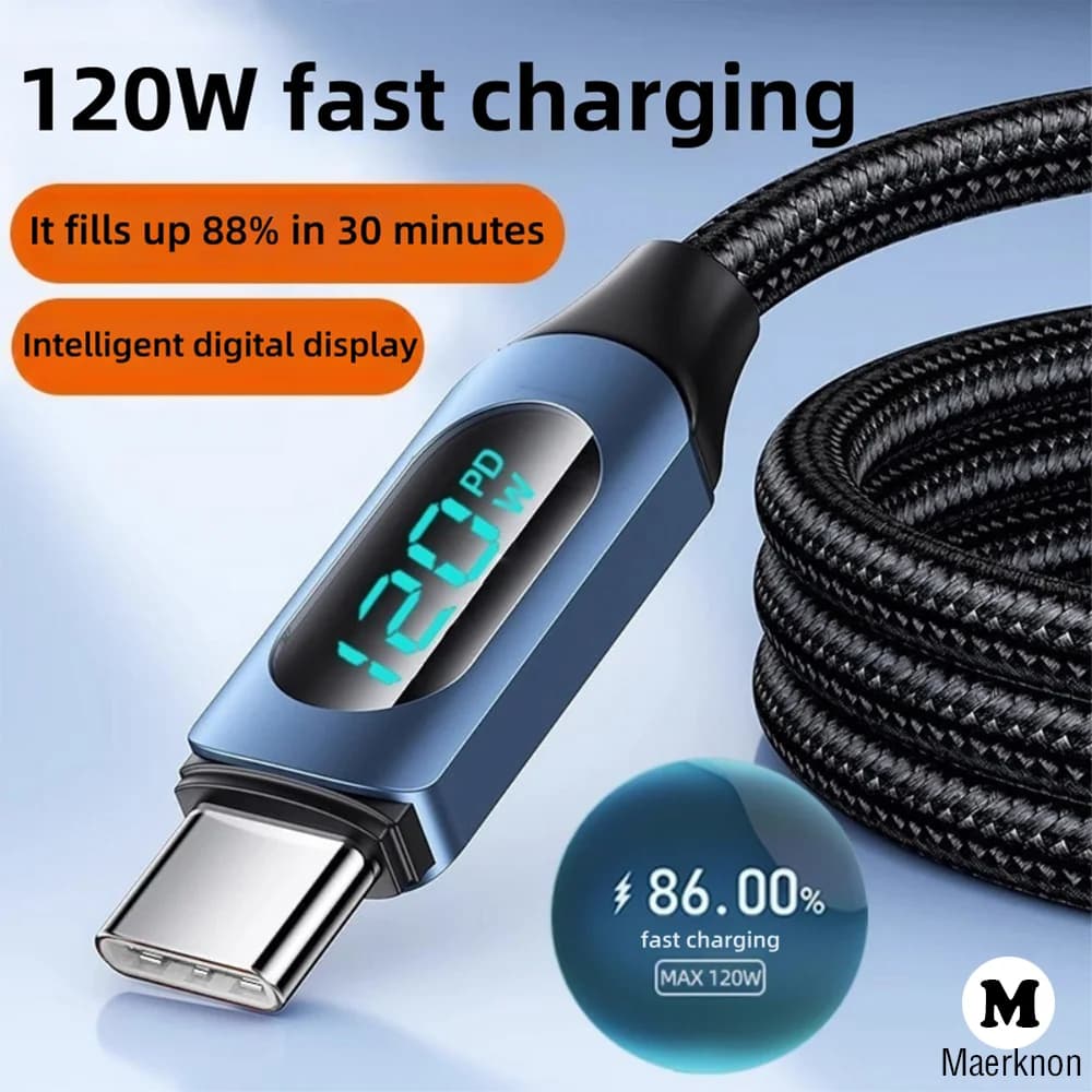 120W 6A Fast Charging Cable USB/Type C To Type C Smart Display Nylon Cord For iPhone Samsung Xiaomi Huawei Type C Charging Wire
