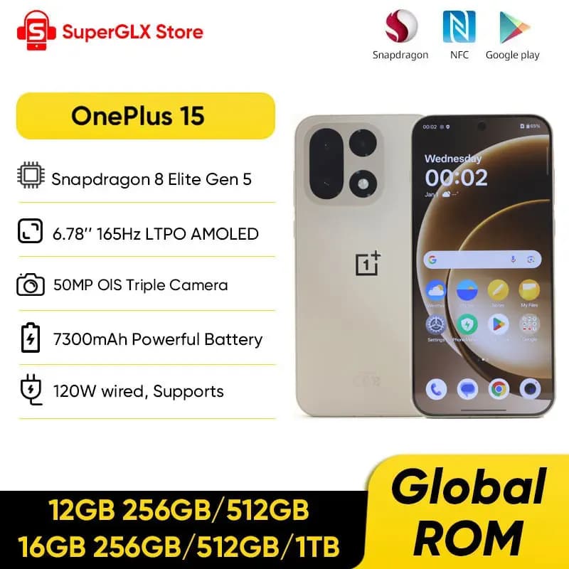 هاتف ون بلس 15 الذكي غير المقفول بمعالج سنابدراجون 8 إيليت الجيل الخامس، شاشة 6.78 بوصة بمعدل تحديث 165 هرتز، كاميرا خلفية ثلاثية 50 ميجابكسل، بطارية 7300 مللي أمبير