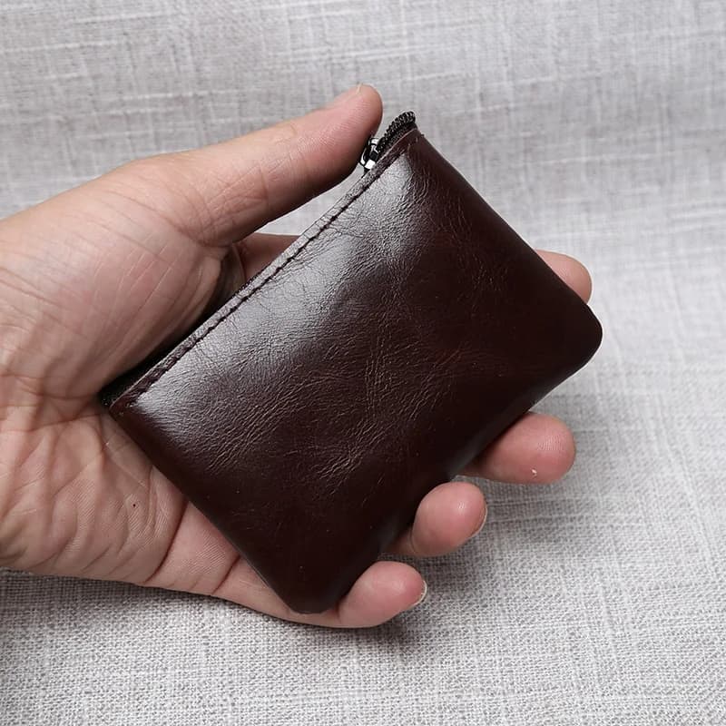 Leather Mini Coin Purse Unisex Simple Portable First Layer Cowhide Retro Handmade Zipper Small Wallet Key Case - 2