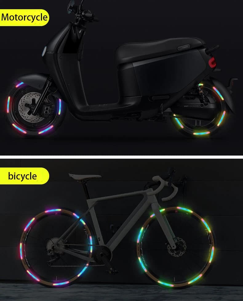 ملصقات تحذيرية عاكسة مضادة للتصادمات لدراجة نارية السيارة، عجلات الدراجة، ملحقات تزيين السيارة بالليزر بسبعة ألوان - 4