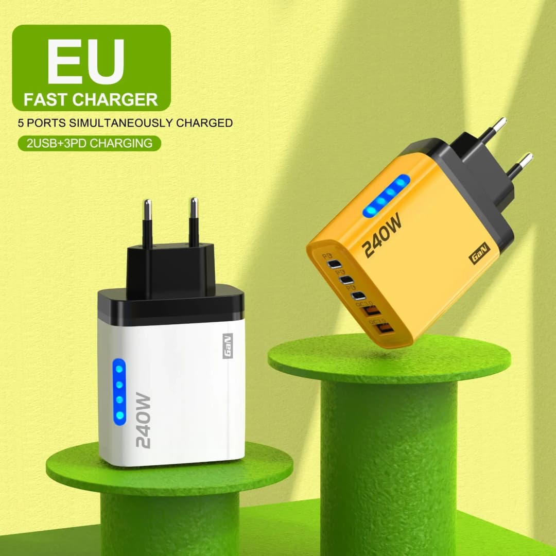 شاحن مكتبي 5 في 1 GaN USB C بقوة 240 واط مع محول شحن سريع للهاتف وكابل Type C بطول 10A لهواتف آيفون وسامسونج وشاومي مع قابس EU/US/UK - 6