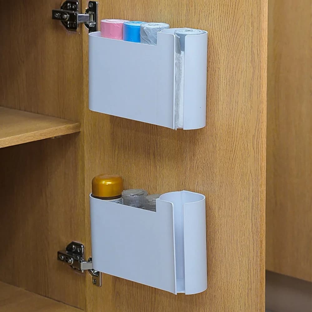 1pc Wall-Mounted Dual-Compartment Trash Bag Organizer ABS Plastic Kitchen Cabinet Door Storage Box Space-Saving for Home Office - 2