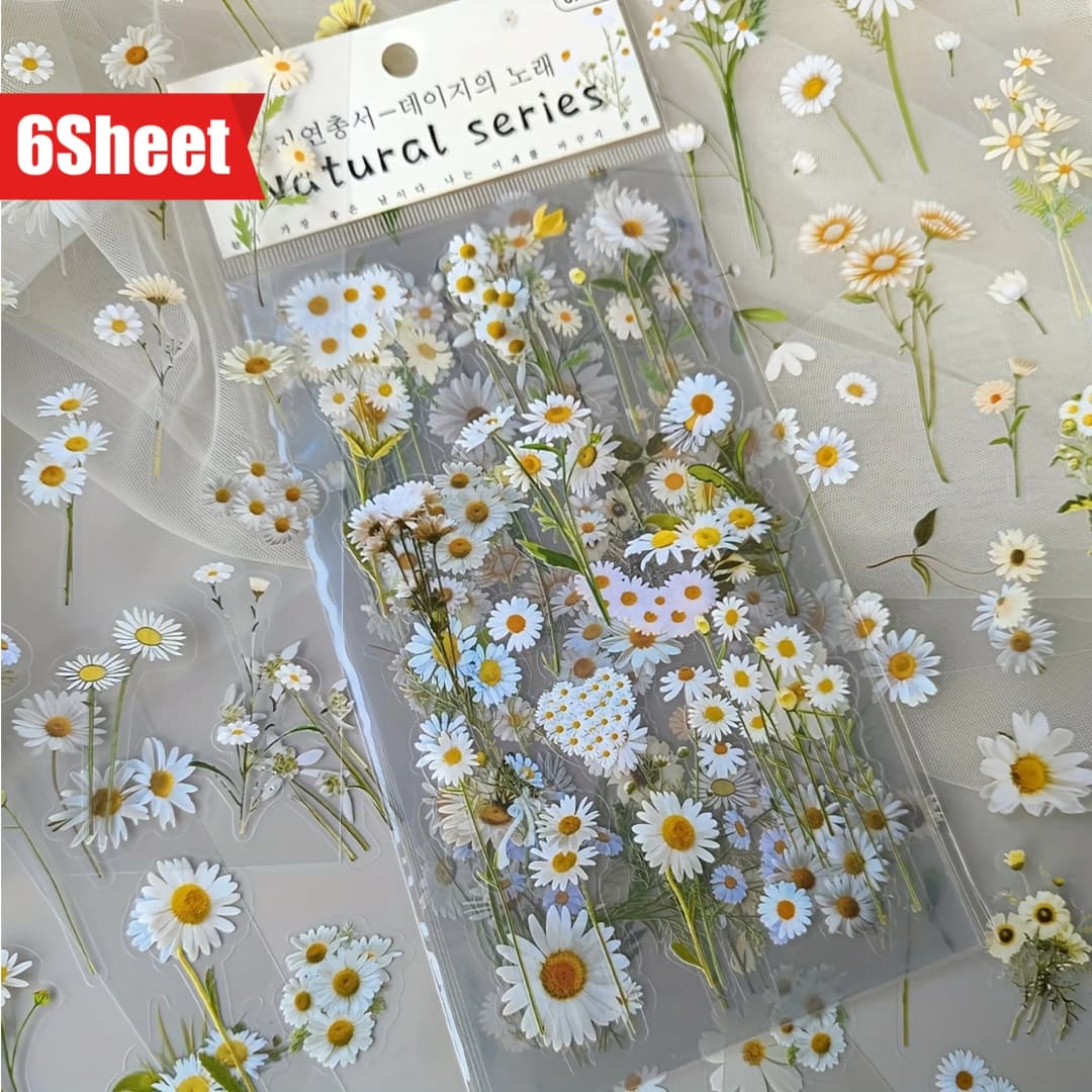 6pcs/Pack Aesthetic PET Plants & Flowers Sticker Pack for DIY Scrapbooking Planner Decoration Collage Diary Stickers Stationery