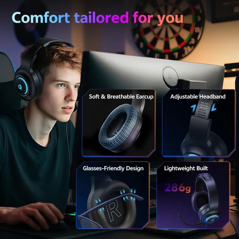 سماعة رأس ألعاب QCY Tri-Mode Heroad V200 لاسلكية بلوتوث 6.0 مع ميكروفون صوت محيطي 7.1 درايفر ديناميكي RGB فوق الأذن - 6