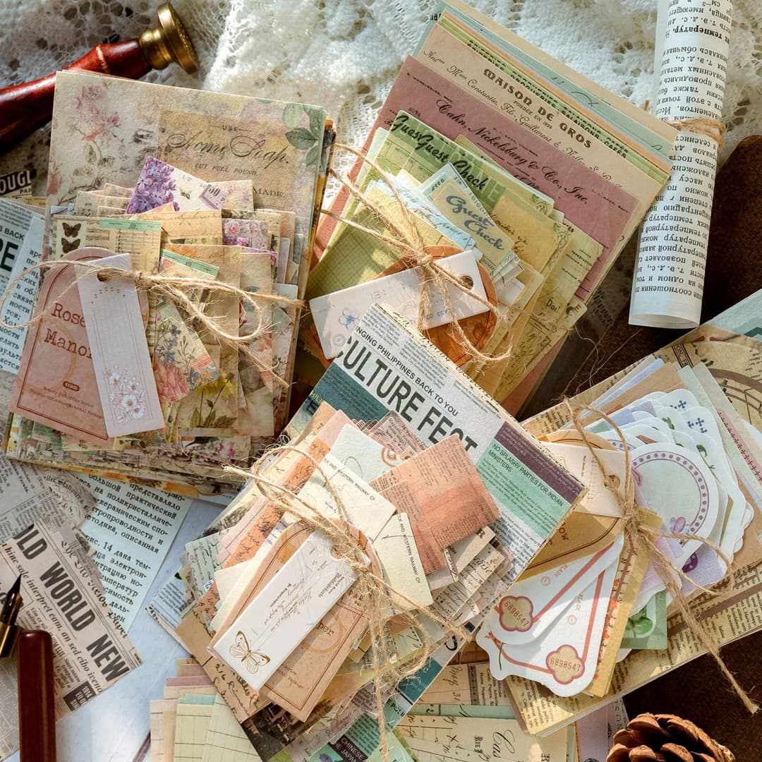 JIANQI 100pcs/pack Decor Scrapbook Vintage Materials Paper Combo Kit DIY Junk Journal Collage Photo Album Retro Background paper