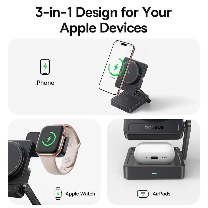Baseus 3 في 1 شاحن لاسلكي مغناطيسي Qi2.2 شحن سريع 25 واط لهاتف iPhone 17 16 15 14 وساعة Apple وسماعات AirPods Pro وiWatch - 3