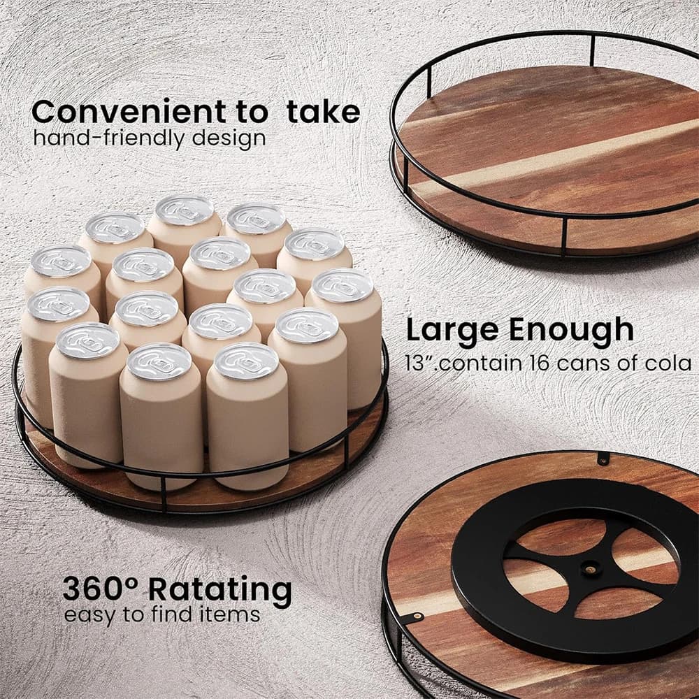 LMETJMA Acacia Wood Lazy Susan Turntable with Metal Frame Kitchen Susans Organizer Countertop Storage Wooden Serving Tray Rack - 4