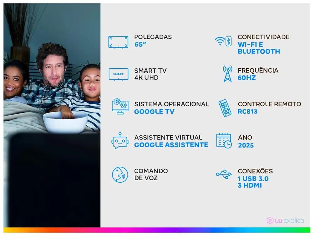 Smart TV 65 "TCL 4K UHD QLED 65P7K Google TV AiPQ Google Assistant 3 HDMI 1 USB - 2