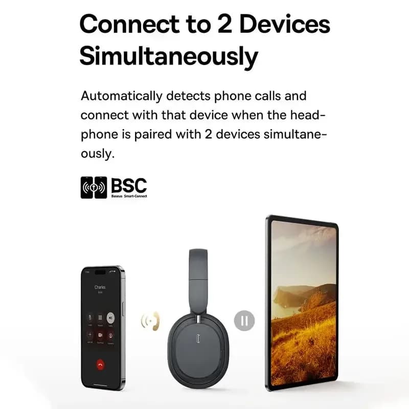 سماعات رأس لاسلكية من Baseus بلوتوث 5.3 سماعة أذن بمستوى HIFI مشغل 40mm سماعات فوق الأذن قابلة للطي صوت مكاني لمدة 70 ساعة - 5