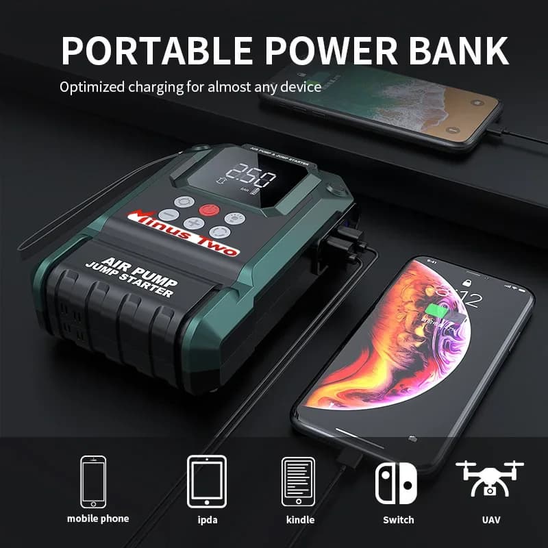 منفاخ سيارة 21800mAh، بنك طاقة محمول، مضخة هواء 150PSI، جهاز بدء تشغيل الطوارئ للسيارة 2026 - 3