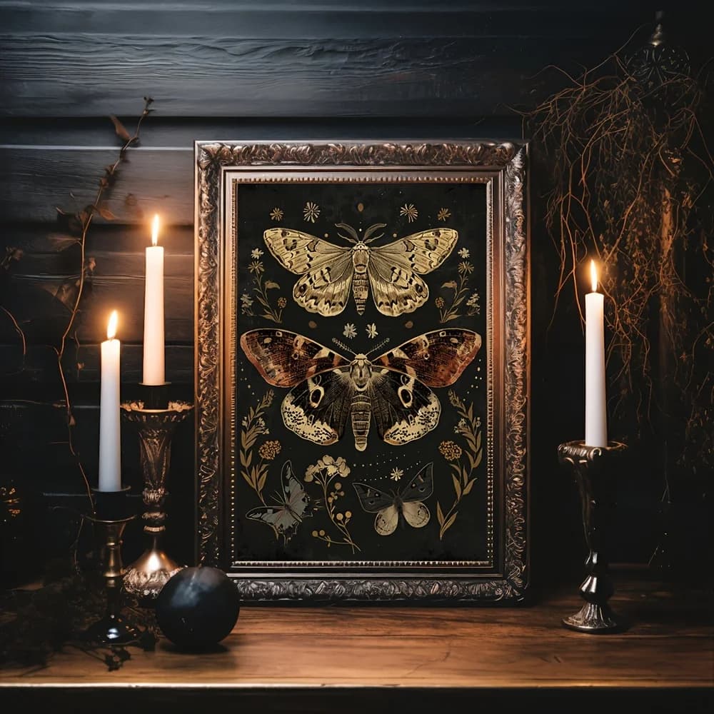 Gothic Plants Flowers Butteryfly Moths Canvas Prints Dark Art Moddy Wall Art Posters for Modern Living Room Halloween Home Decor - 3