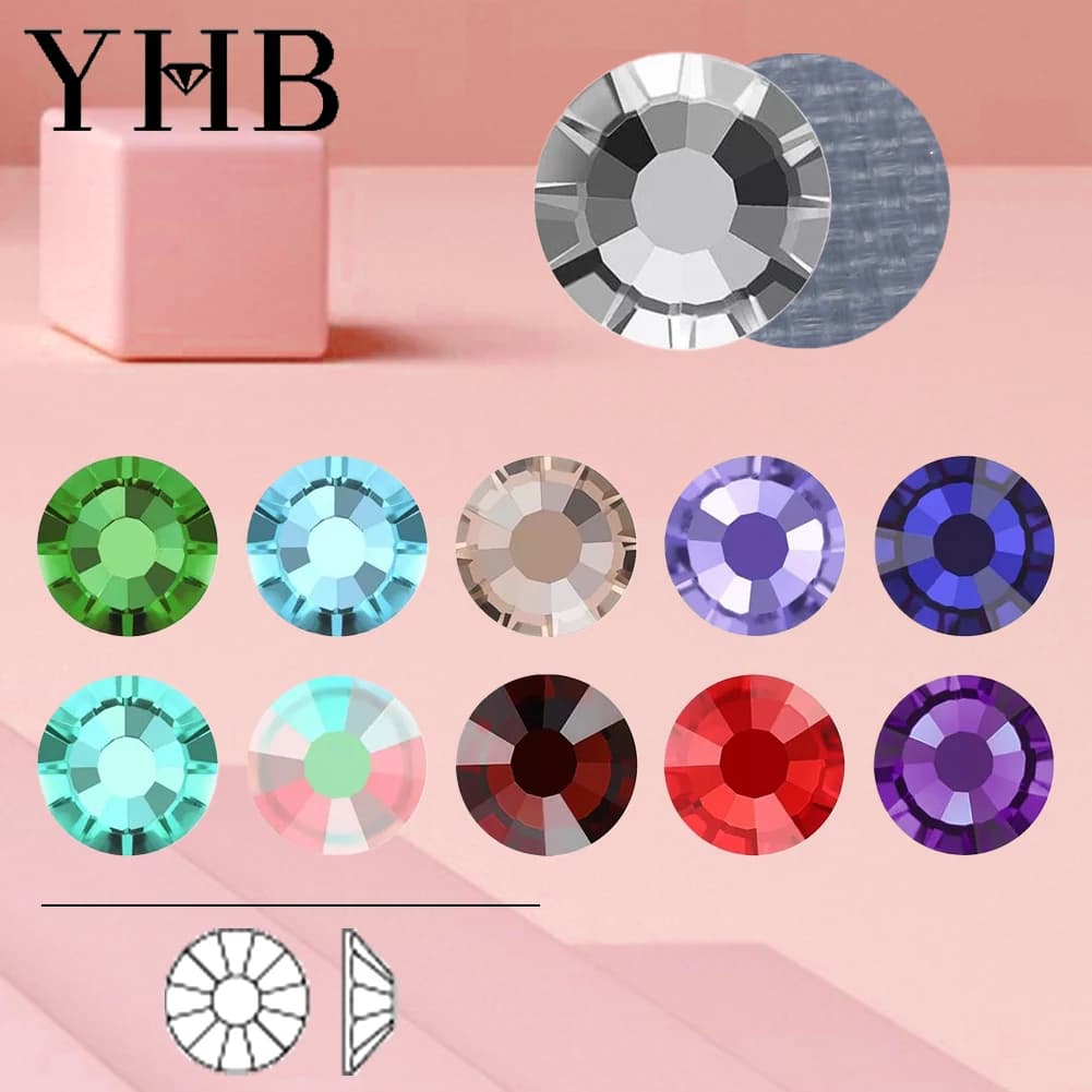 YHB 128-153 HF أحجار الراين المسطحة عالية الجودة 12 قطعة مع الغراء للحقائب والأحذية والملابس والهاتف وفن الأظافر