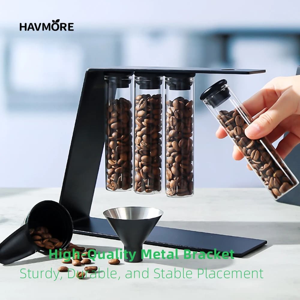 Airtight Sealed Glass 12Tubes Coffee Beans Storage Containers 22g Single Dose Aroma Valve With Coffee Bean Storage Wooden Holder - 3