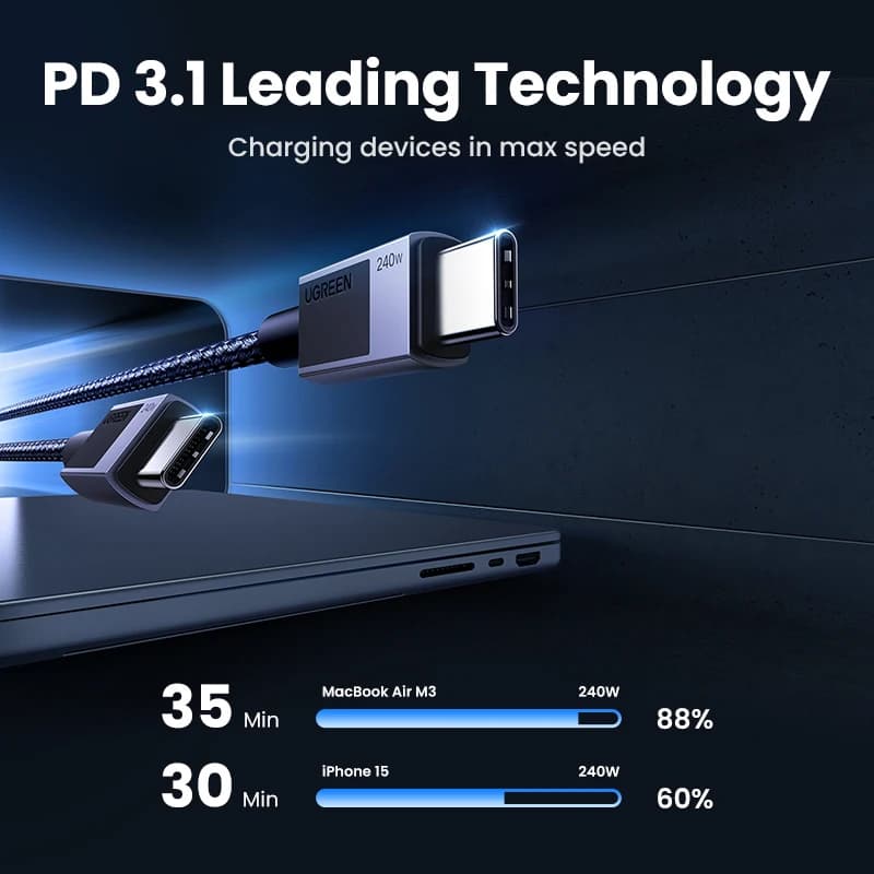 كابل UGREEN PD 240 واط USB C إلى USB C PD3.1 شحن سريع لجهاز MacBook Laptop iPhone 17 16 iPad Samsung S25 S24 5A كابل شحن PD - 3