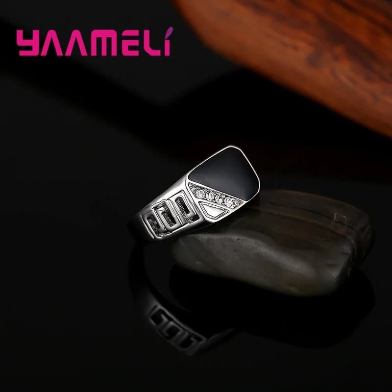 Classic Male Mens Wide Band Ring Unique 925 Sterling Silver Plated White Black Rhinestone Square Statement Hip Hop Jewelry - 6