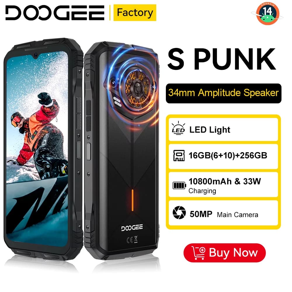 هاتف محمول DOOGEE S Punk متين إصدار عالمي أندرويد 14 شاشة 6.58 بوصة FHD+90Hz IPS 16GB (6+10) + 256GB بطارية 10800mAh كاميرا 50MP
