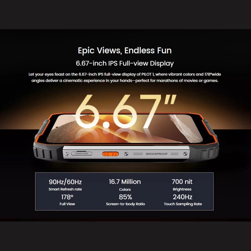هاتف بلاكفيو أوسكال بايلوت 1 المتين بشاشة 6.67 بوصة عالية الدقة+ بمعدل تحديث 90 هرتز ومكبر صوت 5 واط وذاكرة 6 جيجابايت و256 جيجابايت ومعالج هيليو جي81 وبطارية 15000 مللي أمبير في الساعة وتقنية NFC - 2