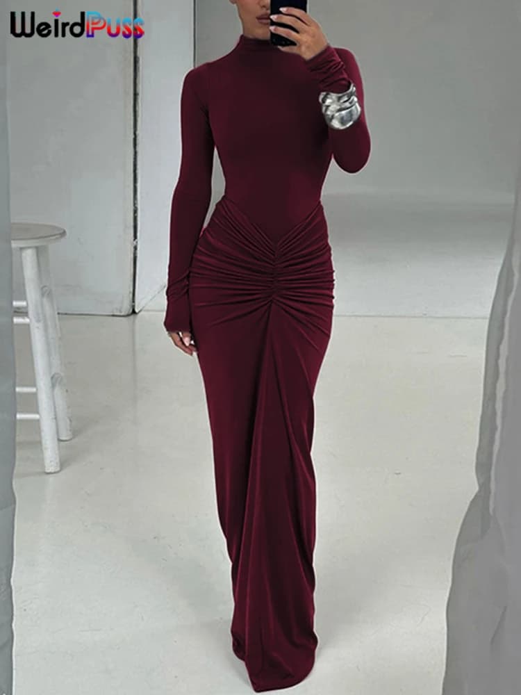 Weird Puss Hipster Ruched Dress Women o-NeckFull Sleeve  Skinny Stretch Robe Autumn Trend Simple Classic Pleats Long Bodycon