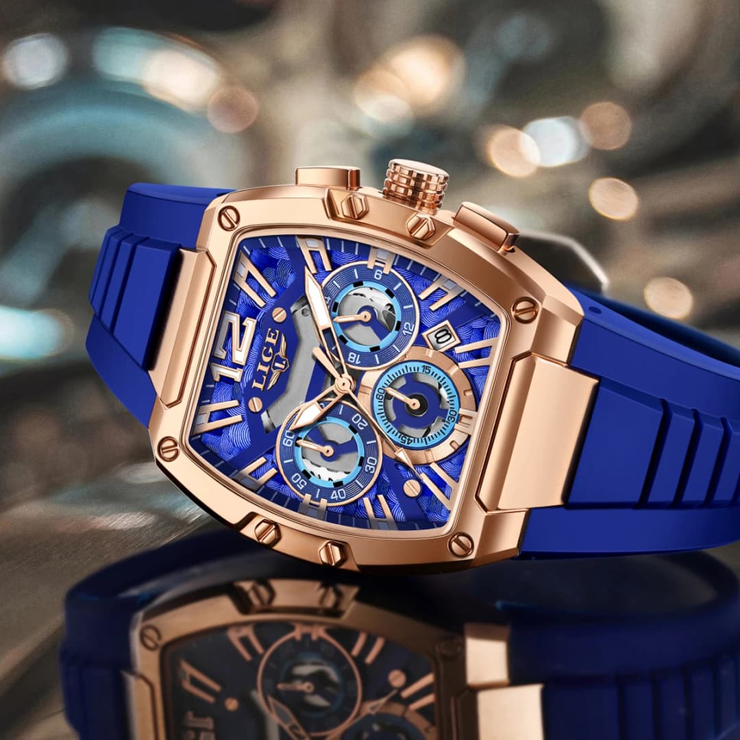 2025 LIGE New Men's Watch Multi Functional Quartz Rectangular Golden Sports Clock Casual Fashion Silicone Strap Men Watch+Box - 3