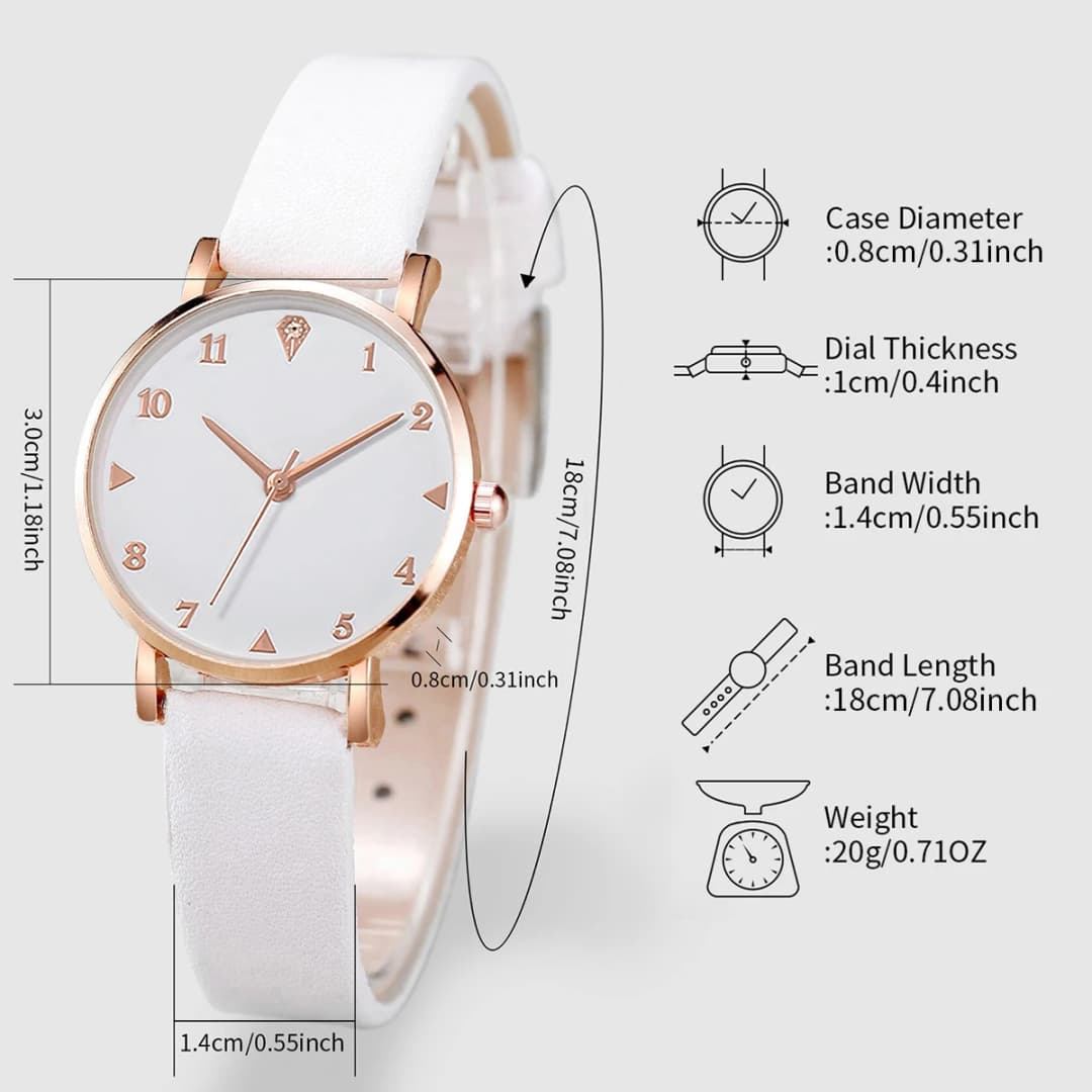 6 قطعة/المجموعة ساعات نسائية أنيقة بحزام جلدي وساعات كوارتز مزدوجة القلب مع مجموعة مجوهرات (بدون صندوق) - 6