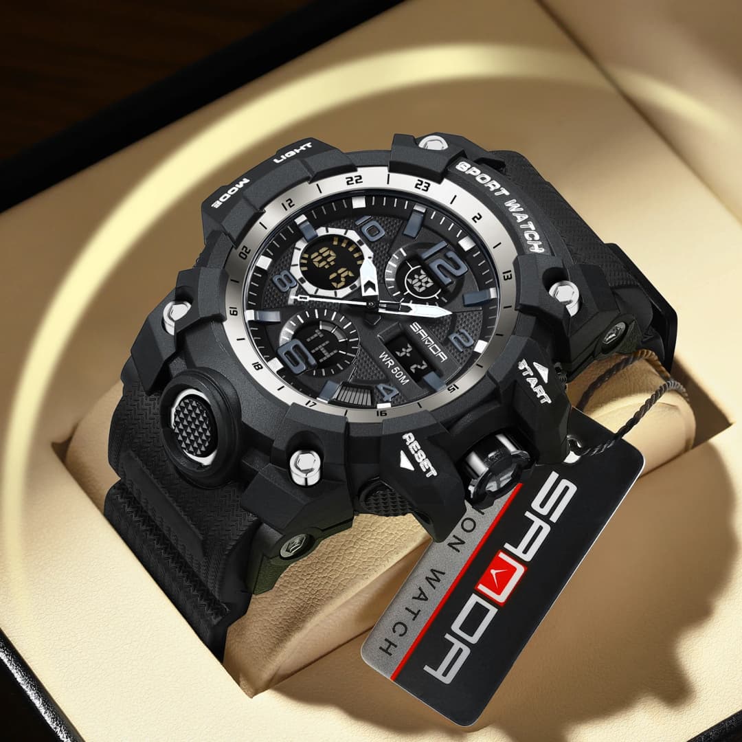 ساعة رياضية رجالية من سان دا بتصميم عسكري G، شاشة مزدوجة، ساعة إلكترونية مقاومة للماء، ساعة LED مضيئة للخارجية - 2