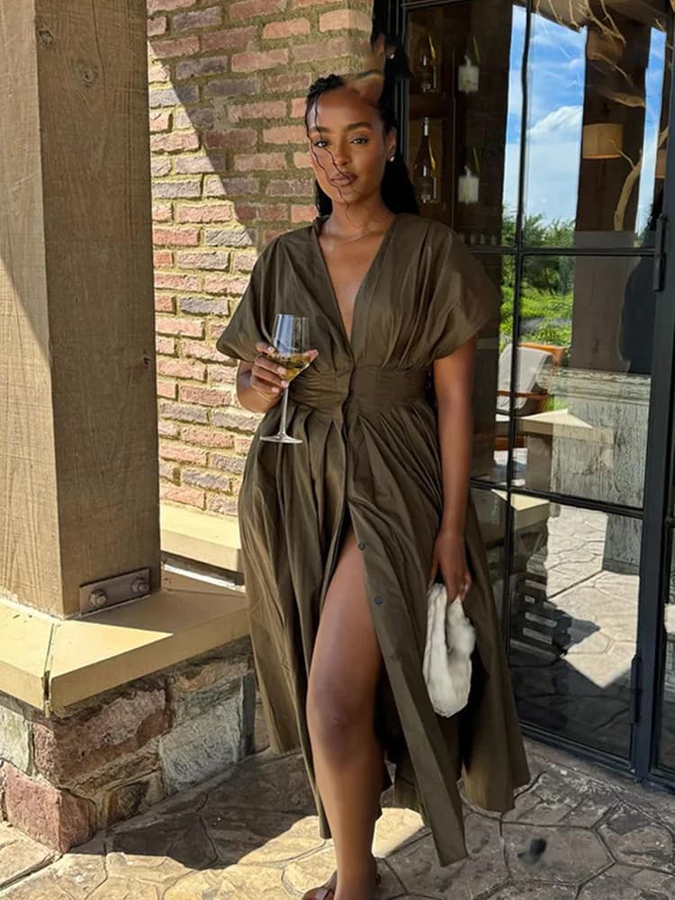 فستان صيفي طويل من HH، رقبة V، أكمام قصيرة، رباط دانتيل، تصميم أنيق وعصري - 2