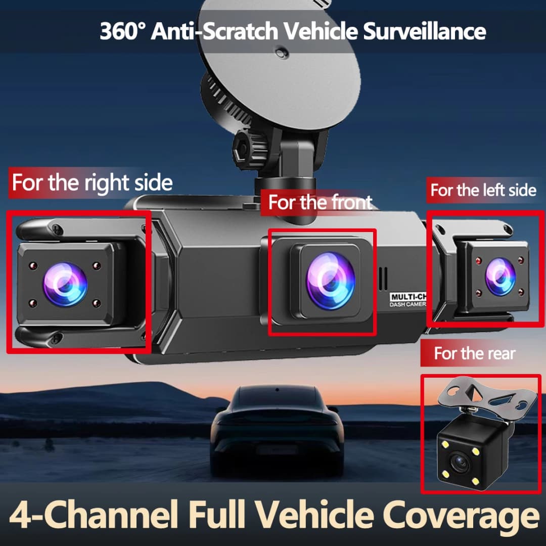 360° Car DVR Dash Cam 4 Lens Front Rear Left Right Inside IPS Screen Rotatable Lens Night Vision 24H Parking G-Sensor Black Box - 4