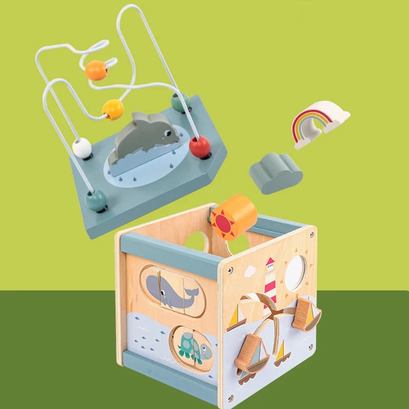 مكعب الأنشطة الخشبي 5 في 1 للأطفال الرضع، مرتب أشكال الحيوانات ومتاهة الخرز، ألعاب مونتيسوري التعليمية للأطفال من 6 إلى 12 شهرًا - 5