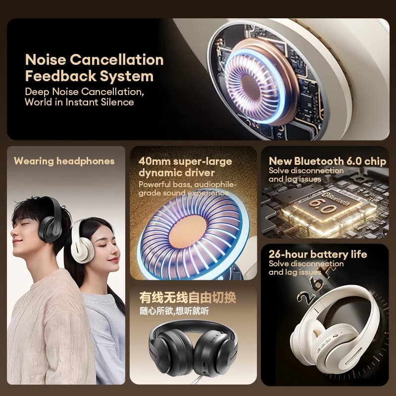 Lenovo Wireless Over-Ear Bluetooth Sport Headphones Noise Cancelling Foldable Gaming Headset HiFi Bass Long Battery 26H Playtime - 2