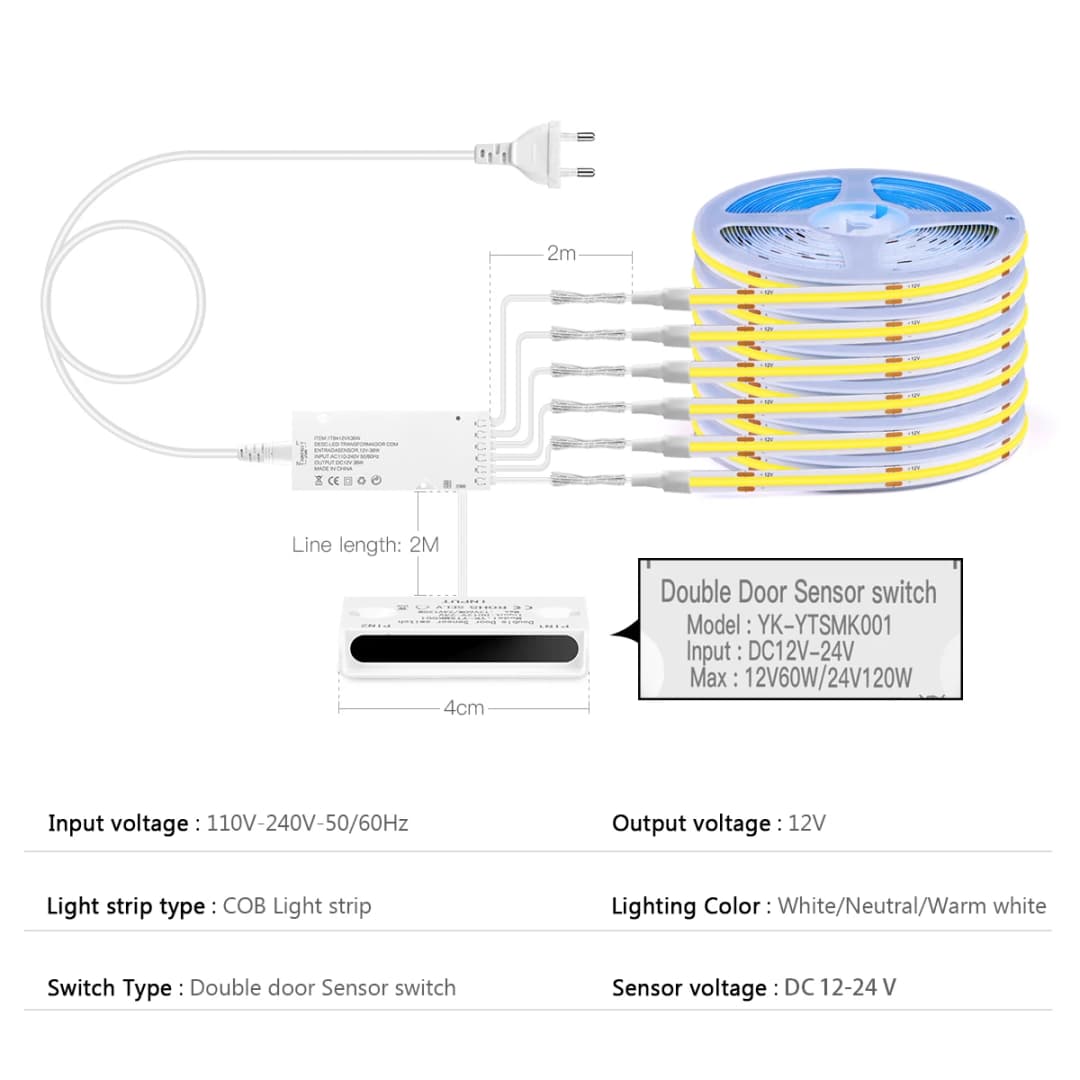 Smart Door Proximity Sensor Control LED Under Cabinet Lights 12V COB LED Strip Showcase Wardrobe Lamp Backlight For Room Kitchen - 2