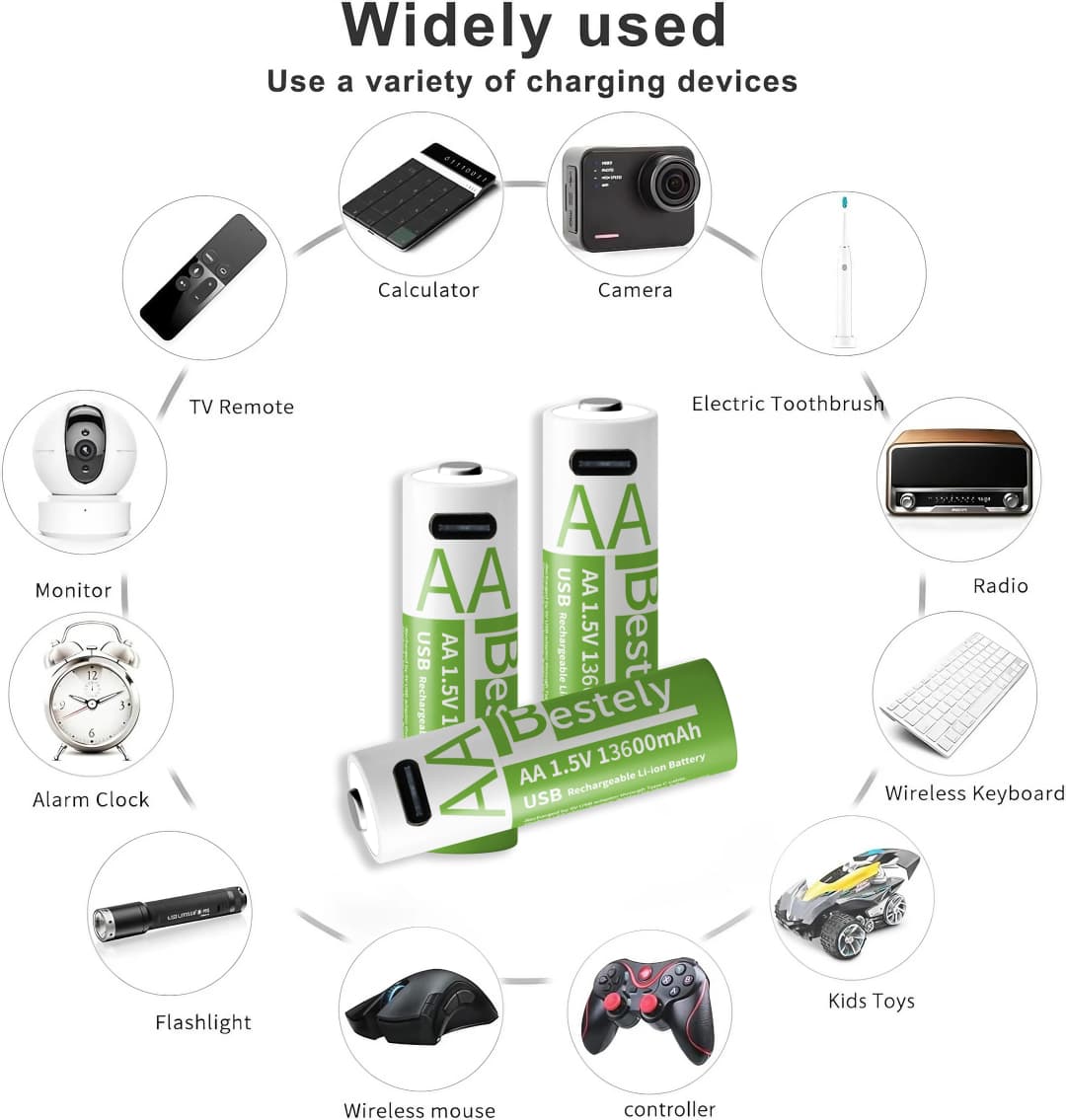 بطارية ليثيوم قابلة لإعادة الشحن Bestely 1.5V AA 13600mAh بطاريات أيونات الليثيوم طويلة الأمد شحن سريع 2000 دورة مع كابلات USB-C - 6