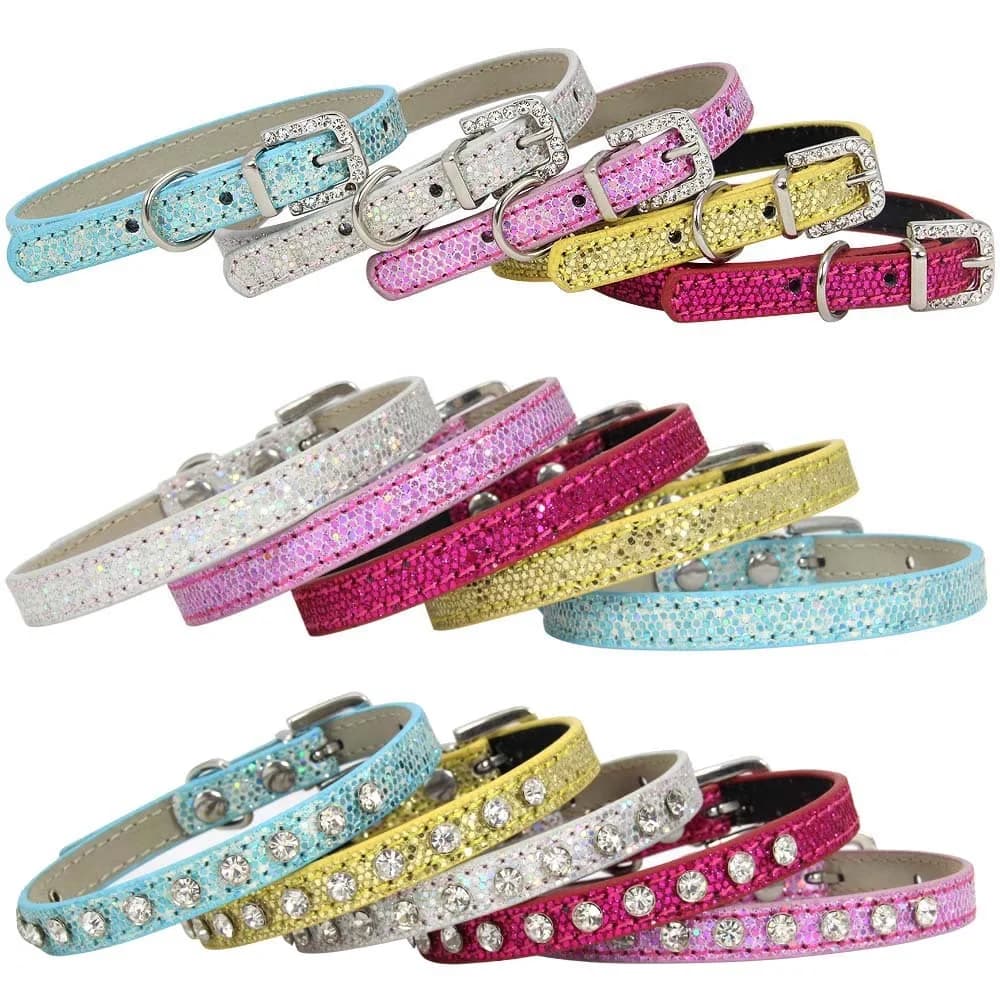 Super Shining Diamond Rhinestone Cat Collar Puppy Baby Dog Cat Collar Leather Strap Kitten Accessories Adjustable Cat Necklace - 3