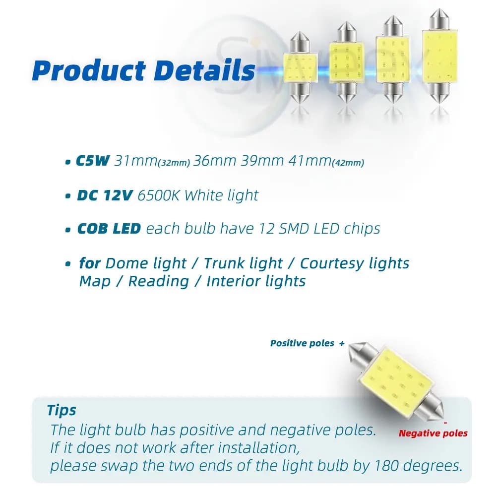 C5W C10W 31mm 36mm 39mm 41mm/42mm Dome Festoon COB LED Car Reading Interior Lamp License Plate White Lights Blue DC 12V - 3